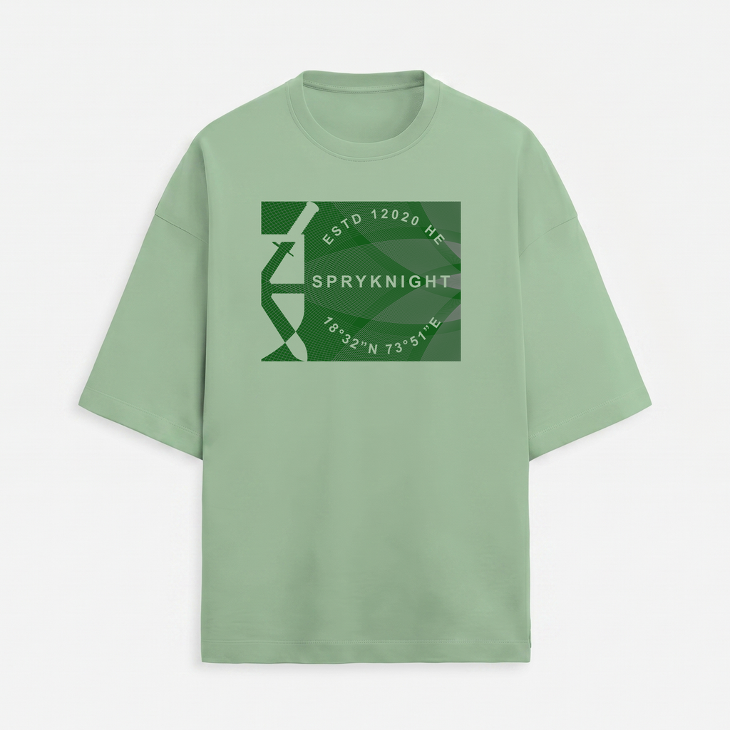 French Terry Oversized Jade Green Geometric Emblem T-Shirt (Unisex)