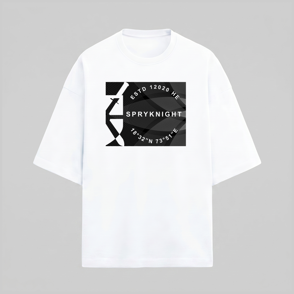 French Terry Oversized White Geometric Emblem T-Shirt (Unisex)