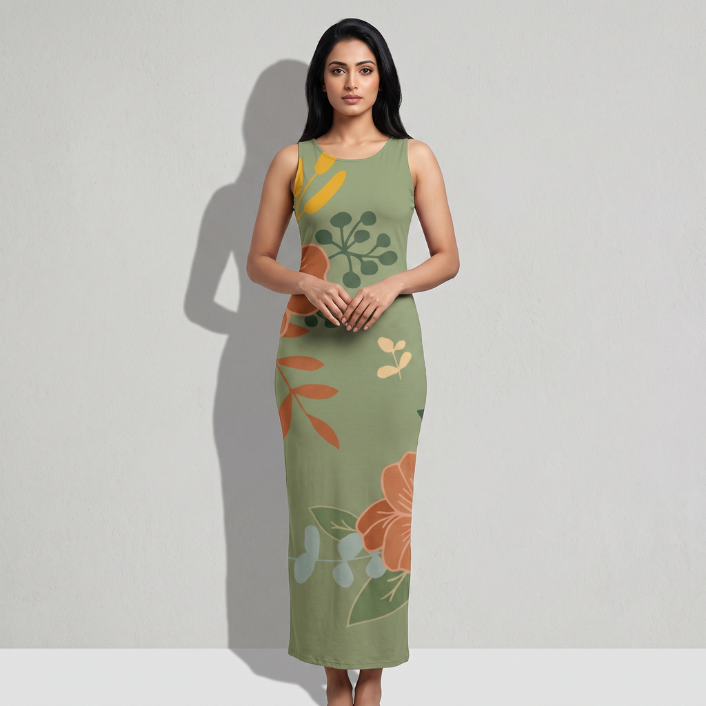 Women's All Over Print Sage Floral Print Bodycon Dress