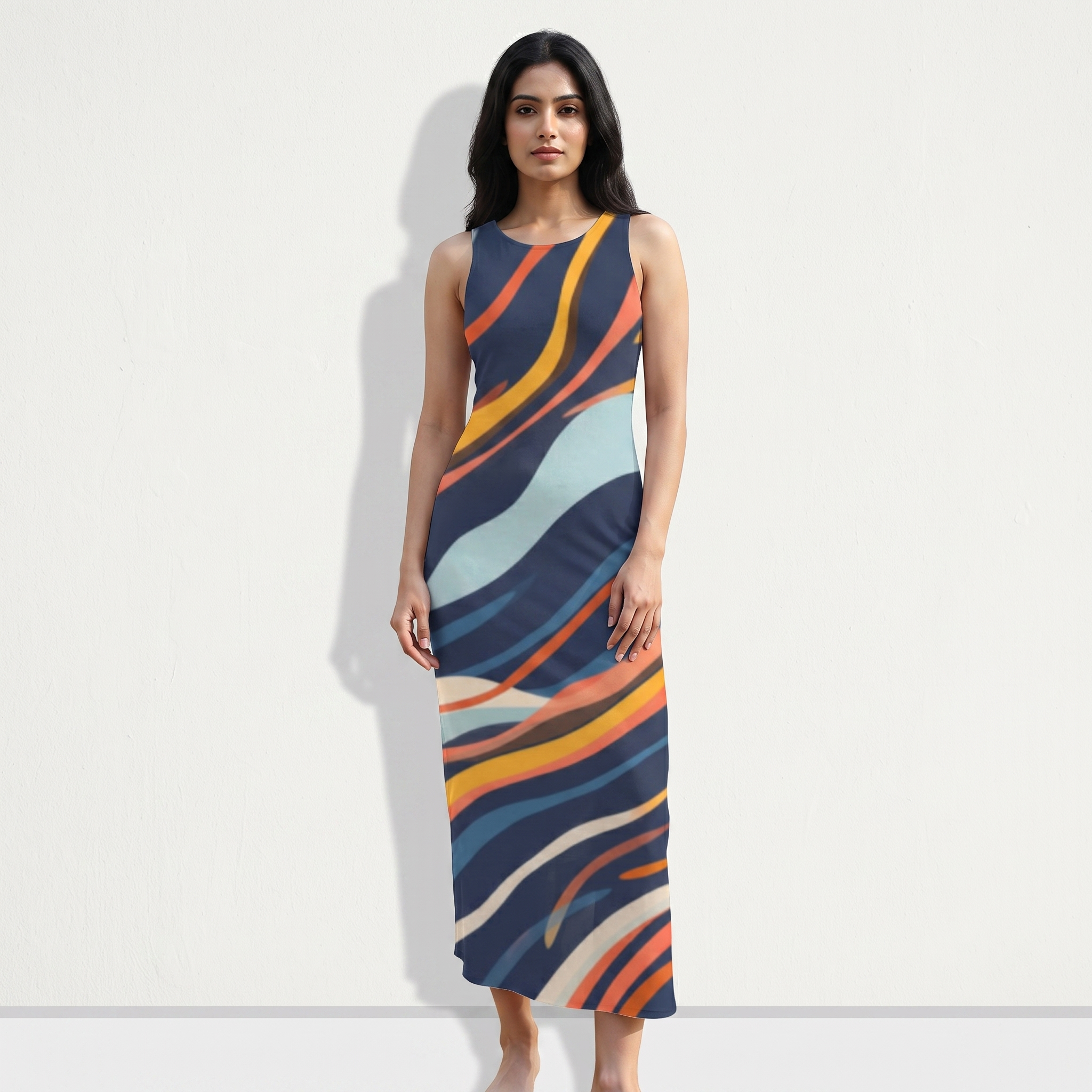 Women's All Over Print Blue & Orange Bodycon Dress