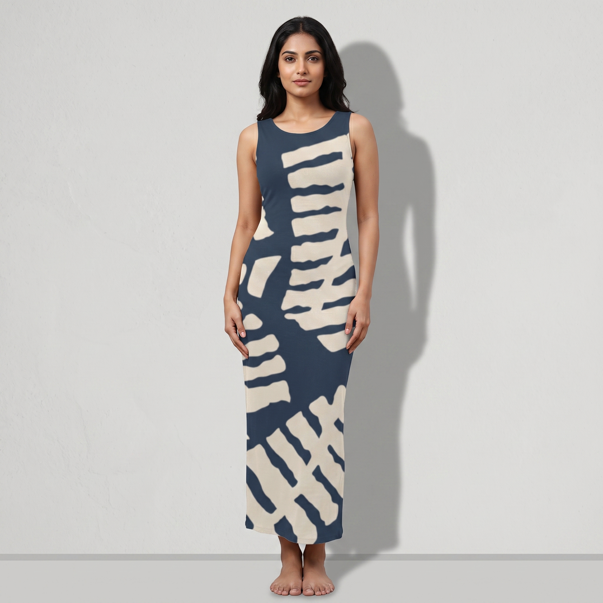 Women's All Over Print Navy-White Bodycon Dress