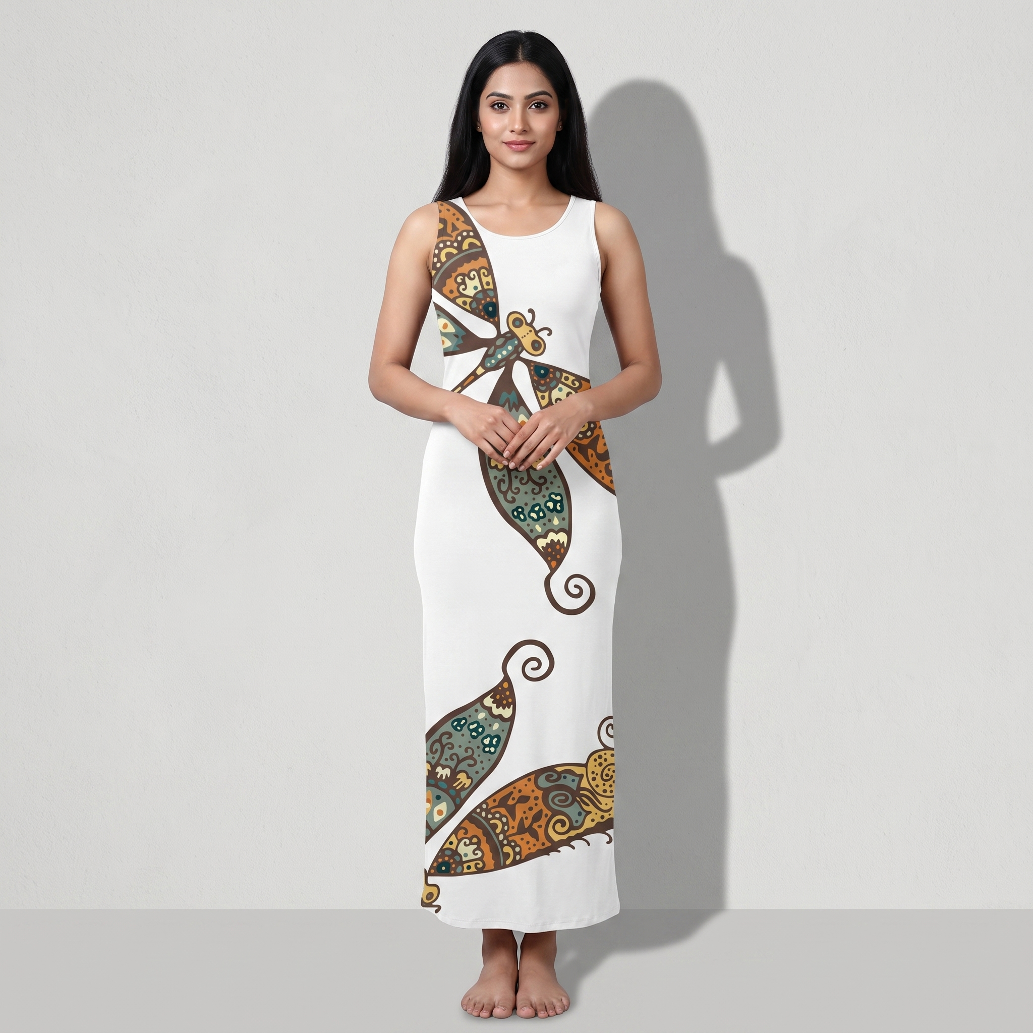 Women's All Over Print White-Dragonfly Print Bodycon Dress
