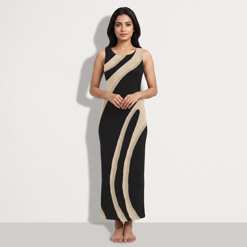 Women's All Over Print Black & Beige Bodycon Dress