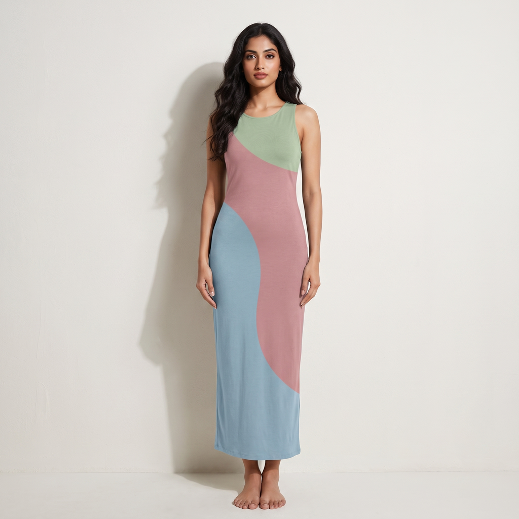 Women's All Over Print Blue-Sage-Coral Bodycon Dress
