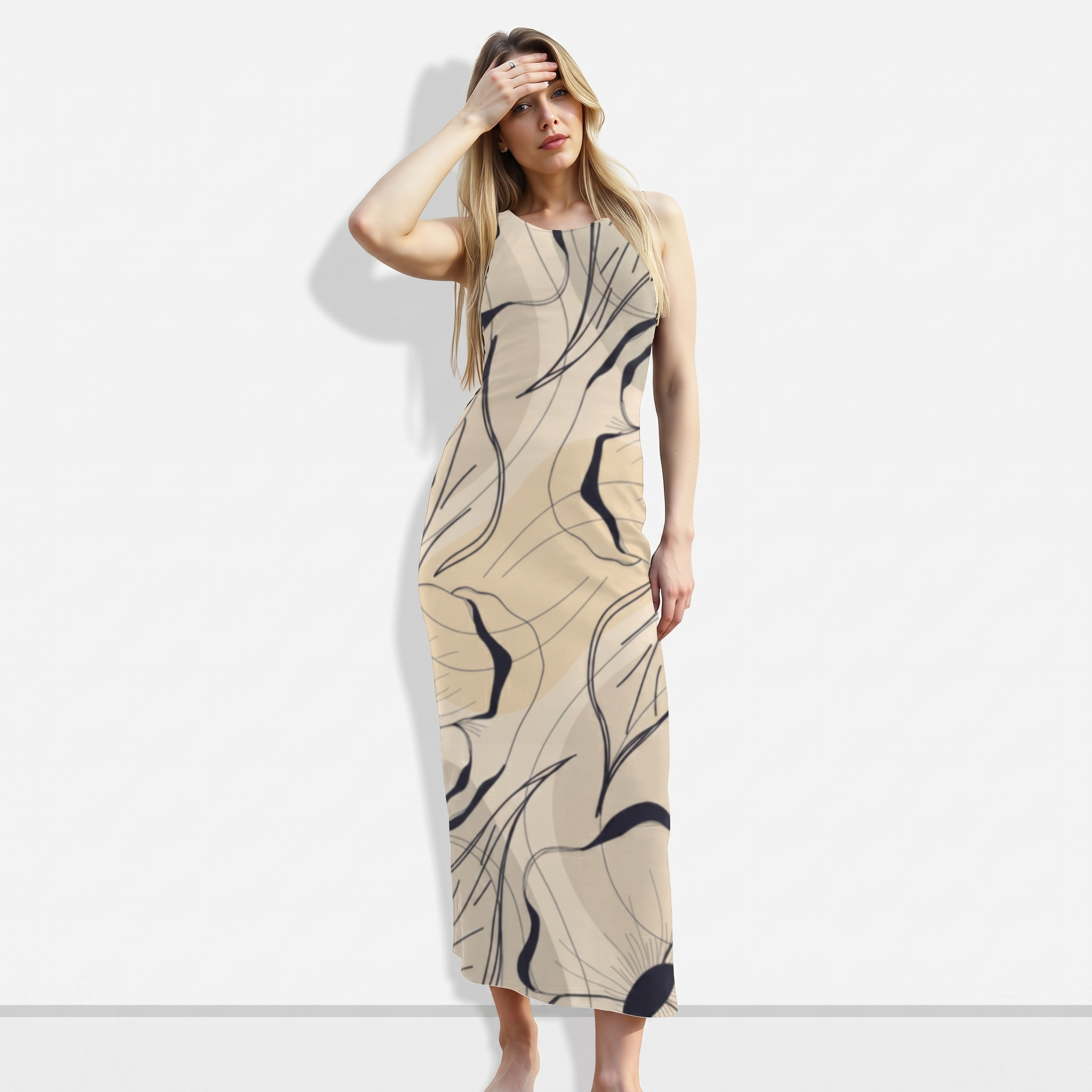 Women's All Over Print Beige-Black Floral Print Bodycon Dress