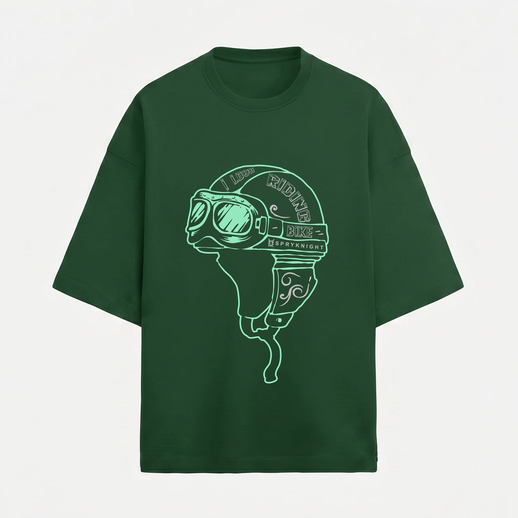 French Terry Biker Helmet Oversized Bottle Green T-Shirt (Unisex)