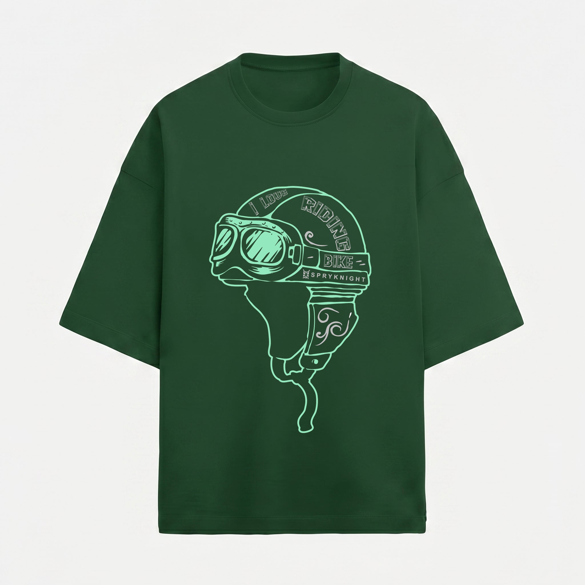 French Terry Biker Helmet Oversized Bottle Green T-Shirt (Unisex)