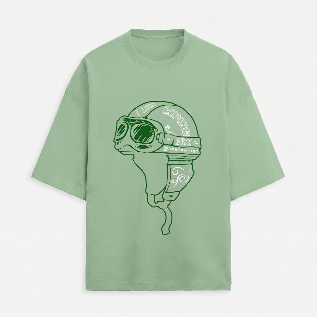 French Terry Biker Helmet Oversized Jade Green T-Shirt (Unisex)