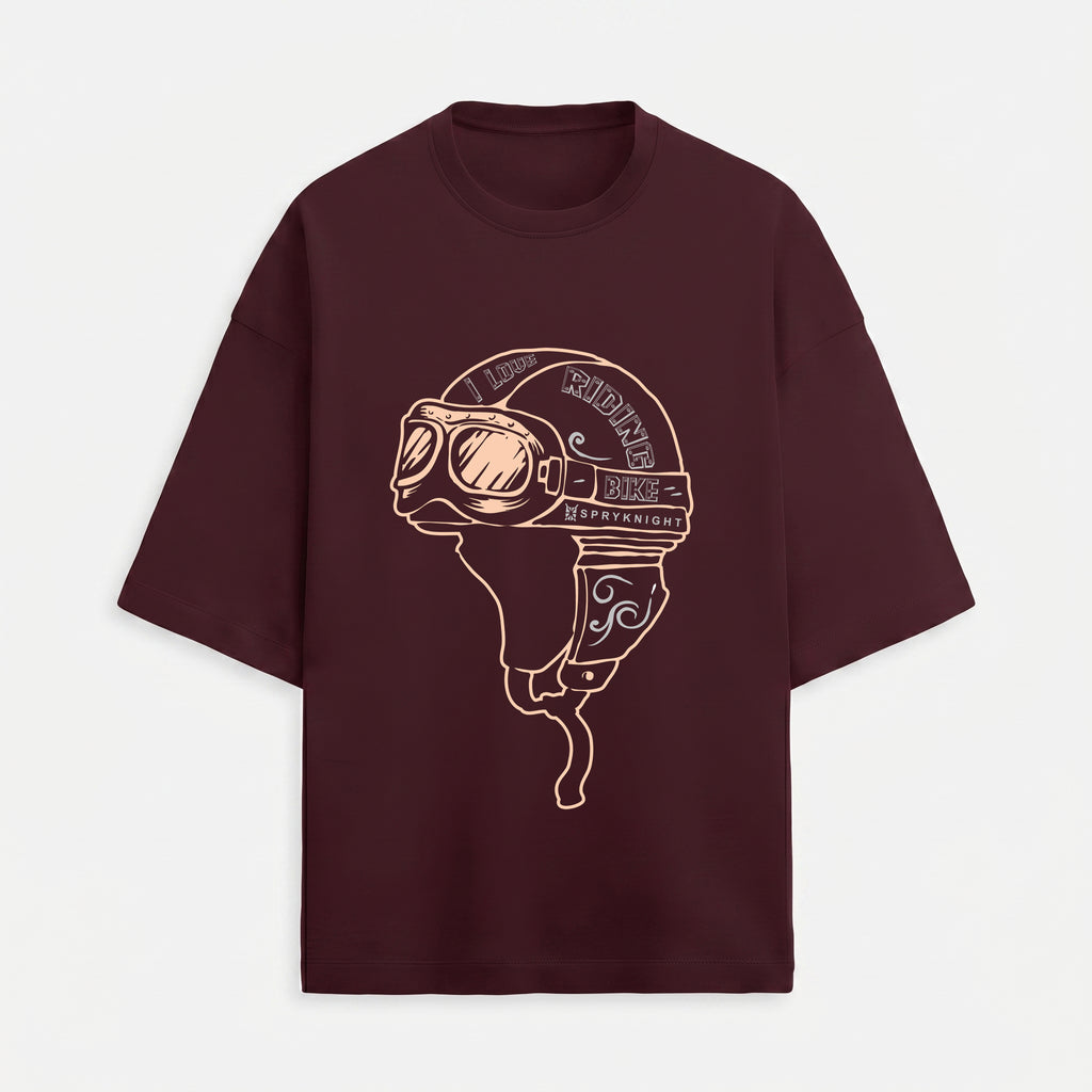French Terry Biker Helmet Oversized Maroon T-Shirt (Unisex)