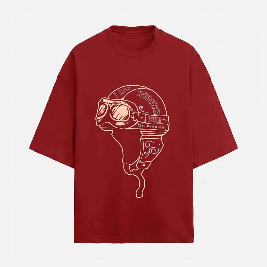 French Terry Biker Helmet Oversized Red T-Shirt (Unisex)