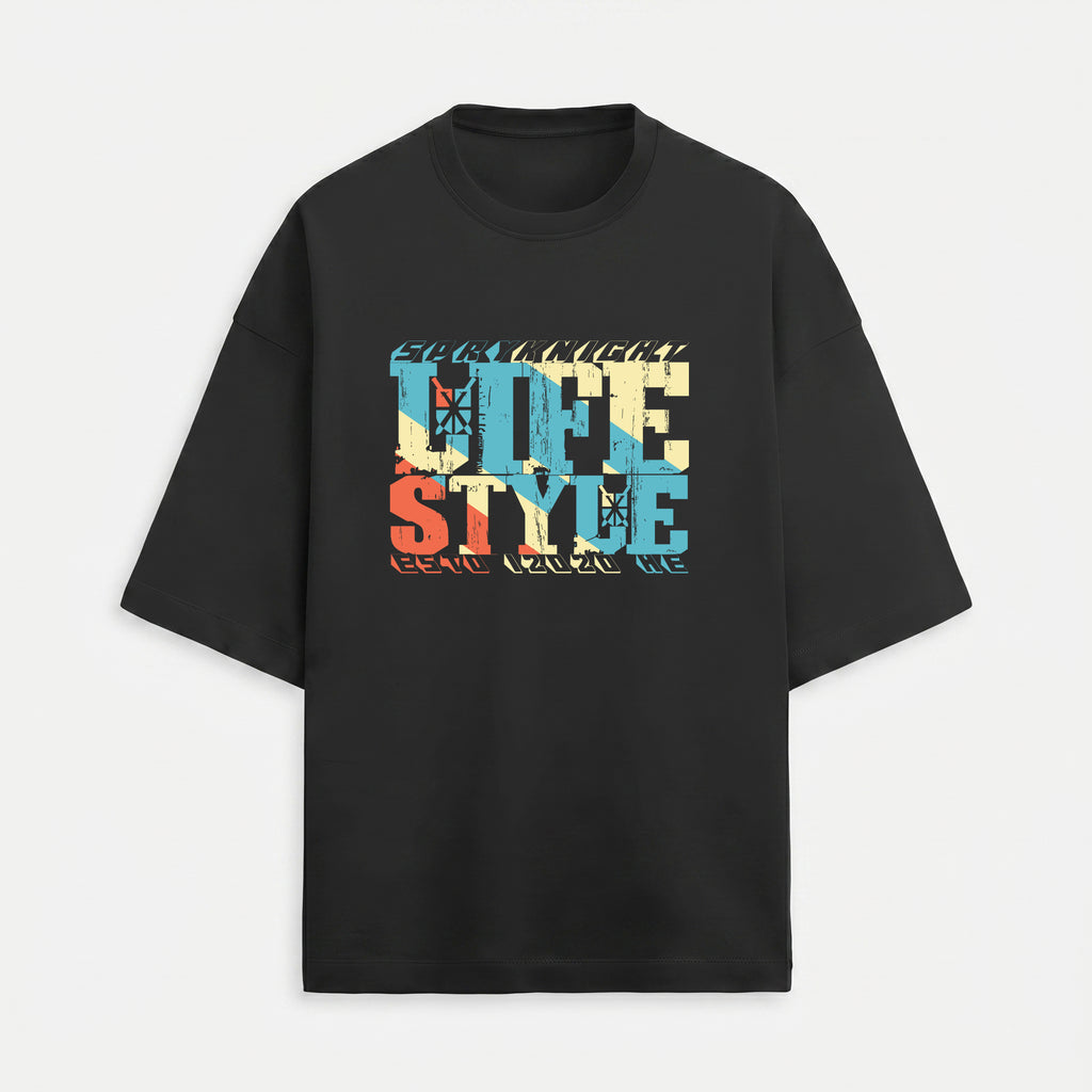 French Terry Tri-Colour Lifestyle Black Oversized T-Shirt (Unisex)