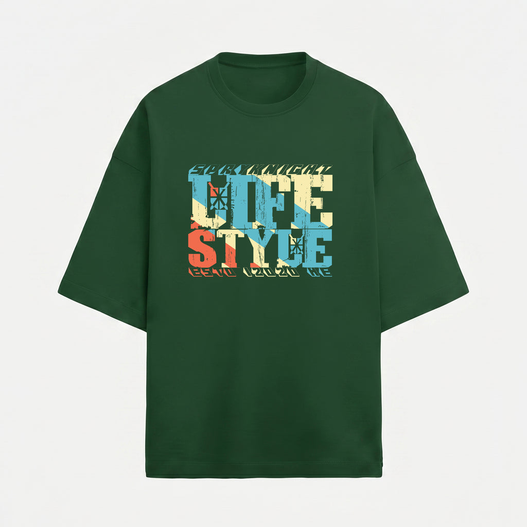 French Terry Tri-Colour Lifestyle Bottle Green Oversized T-Shirt (Unisex)