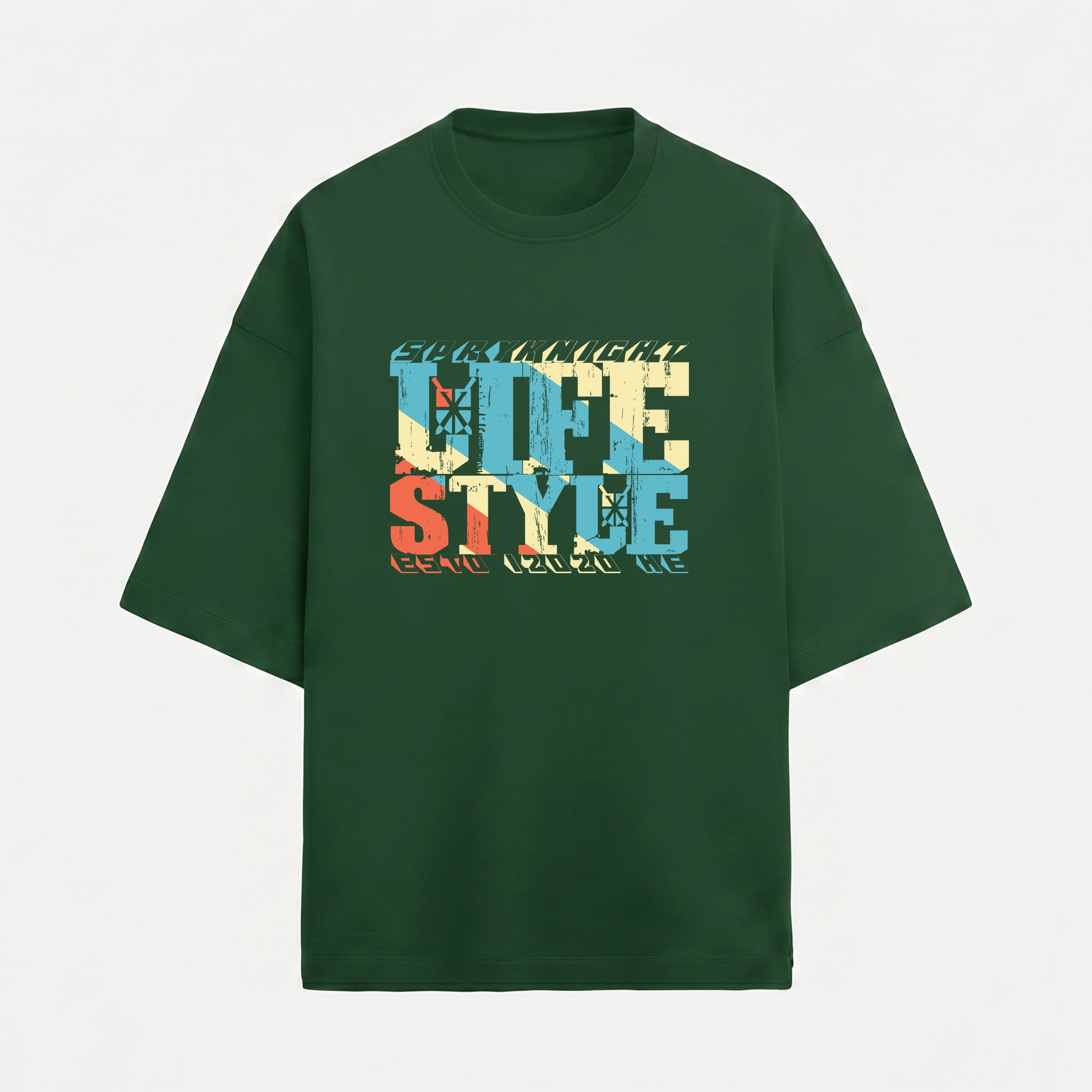 French Terry Tri-Colour Lifestyle Bottle Green Oversized T-Shirt (Unisex)