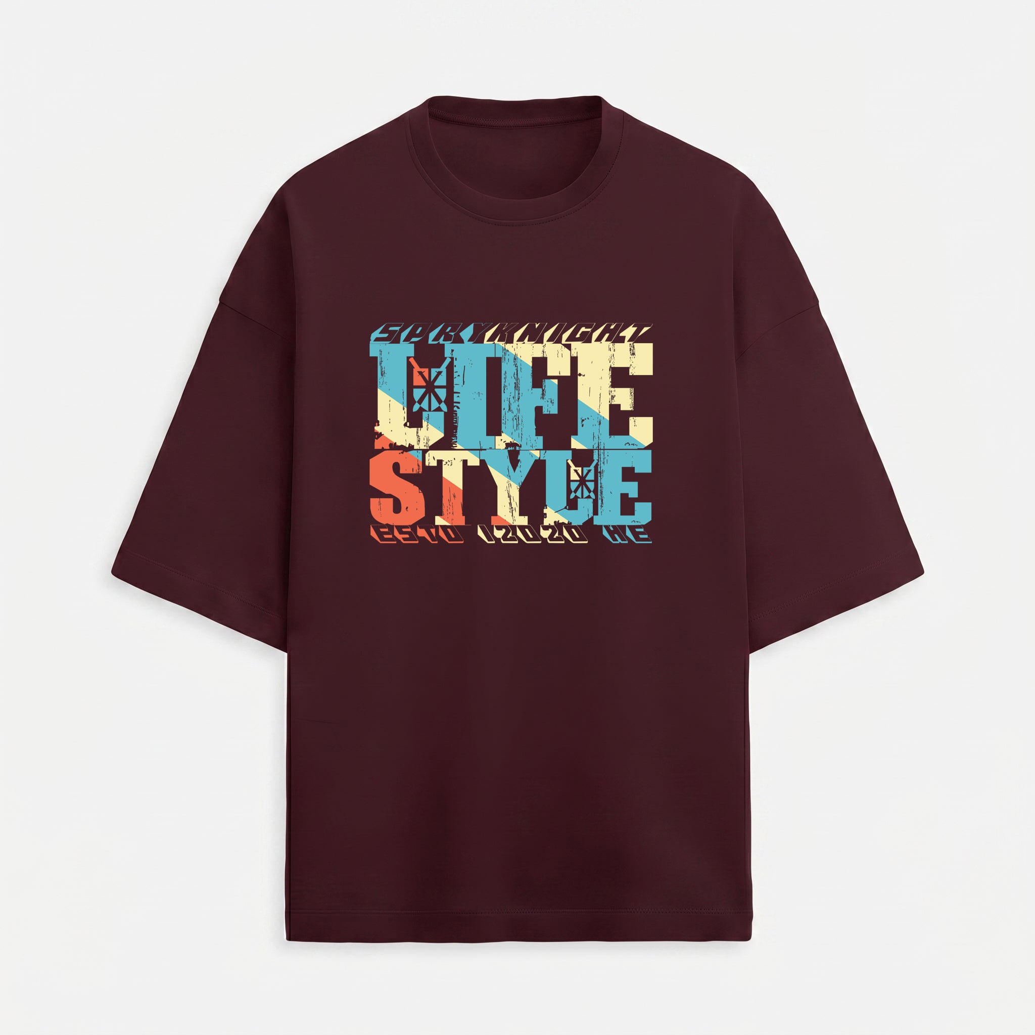 French Terry Tri-Colour Lifestyle Maroon Oversized T-Shirt (Unisex)
