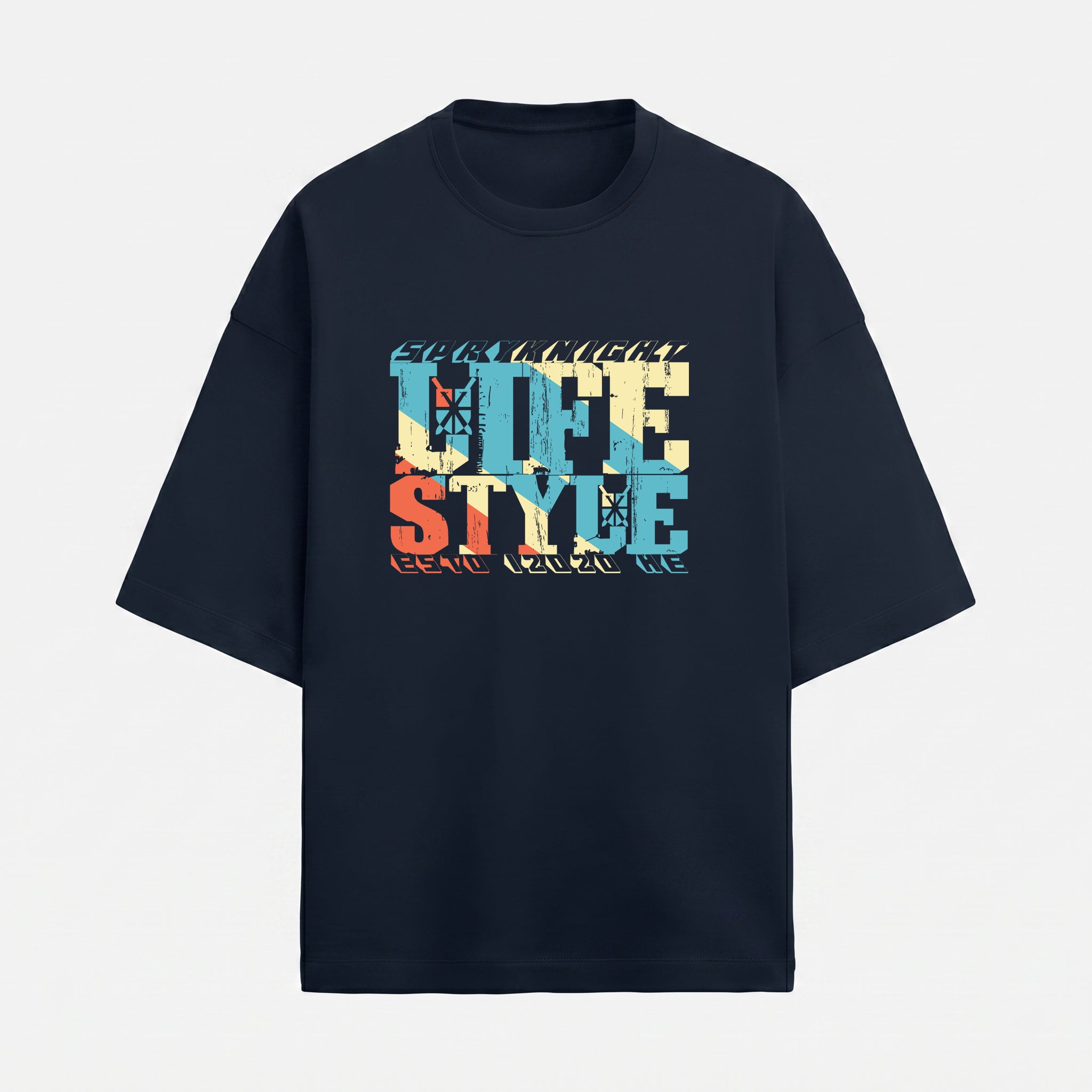 French Terry Tri-Colour Lifestyle Navy Blue Oversized T-Shirt (Unisex)