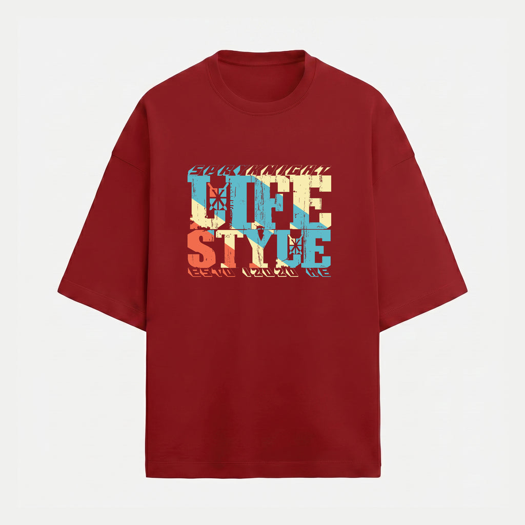 French Terry Tri-Colour Lifestyle Red Oversized T-Shirt (Unisex)