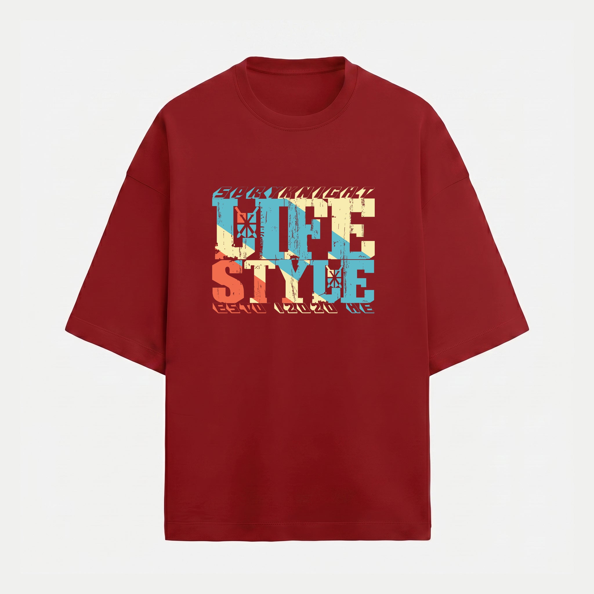 French Terry Tri-Colour Lifestyle Red Oversized T-Shirt (Unisex)